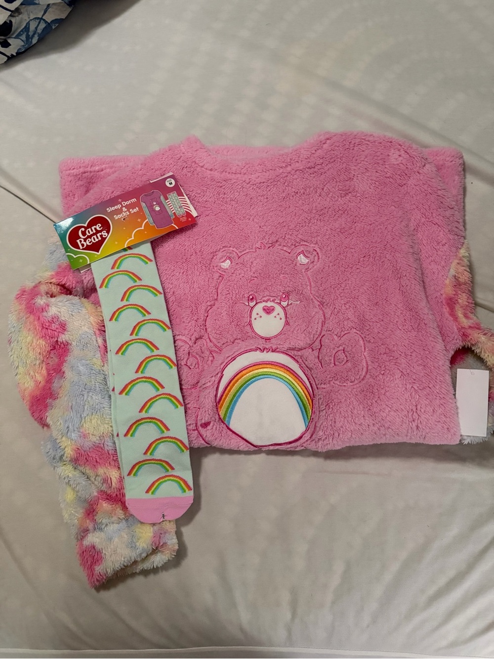 Care Bears Pink Rainbow Plush Kids Pajama Top and grippy socks
